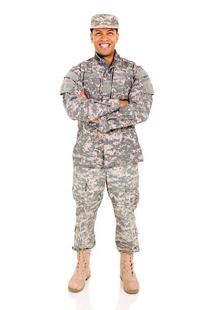 patriot soldier with arms crossed stock photo