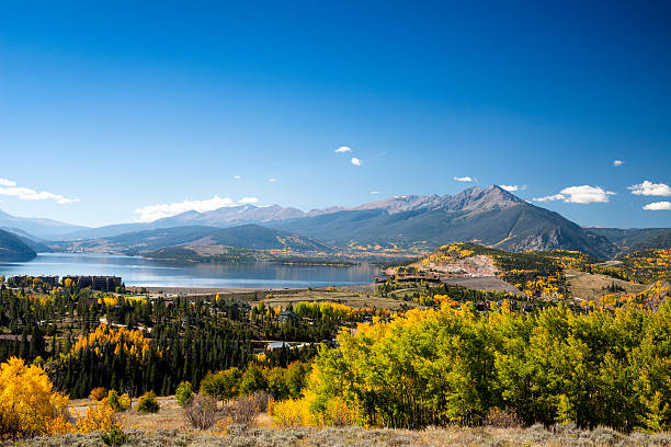Lake Dillon, as seen from Ptarmigan Mountain in the fall.  Summit County, Colorado.  Ten Mile Range and Breckenridge ski area are in the background.