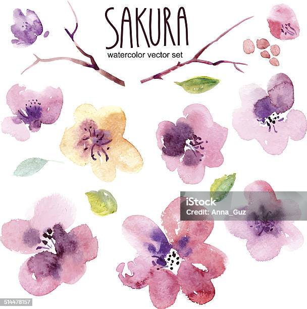 Watercolor Flowers In Vector Stock Illustration - Download Image Now - Watercolor Painting, Flower, Cherry Blossom