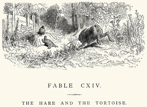 Vintage engraving from La Fontaine's Fables, Illustraed by Gustave Dore. The Hare and the Tortoise