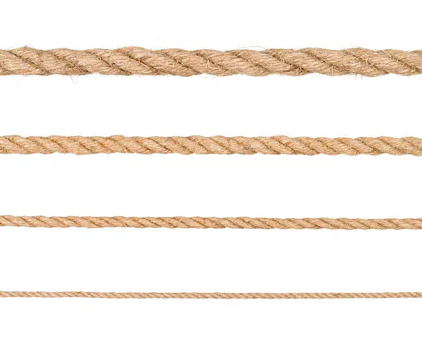 Rope isolated. Collection of different hemp ropes on white background.