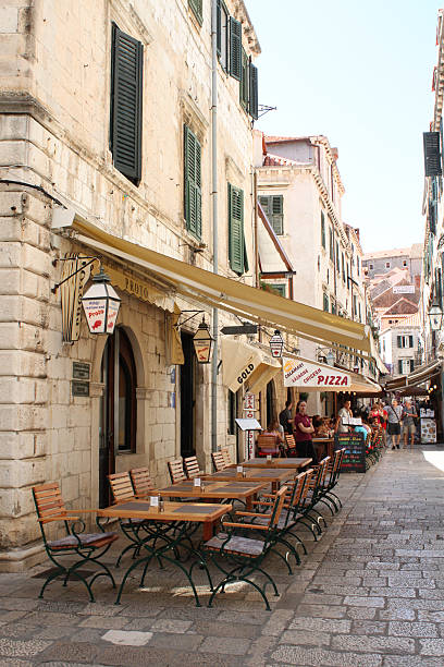 Empty restaurant tables in Dubrovnik (Croatia, Unesco World Heritage site)