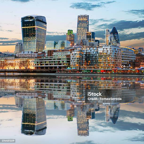 London Skylines At Dusk England Uk Stock Photo - Download Image Now - London Stock Exchange, Financial District, Downtown District