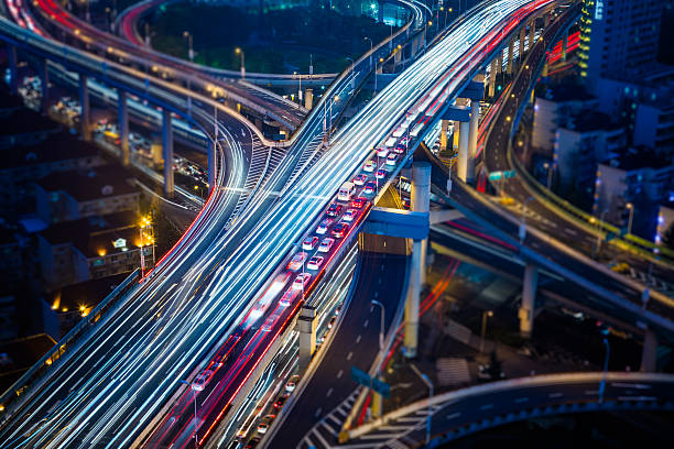 夜の交通 - aerial view shanghai technology multiple lane highway ストックフォトと画像