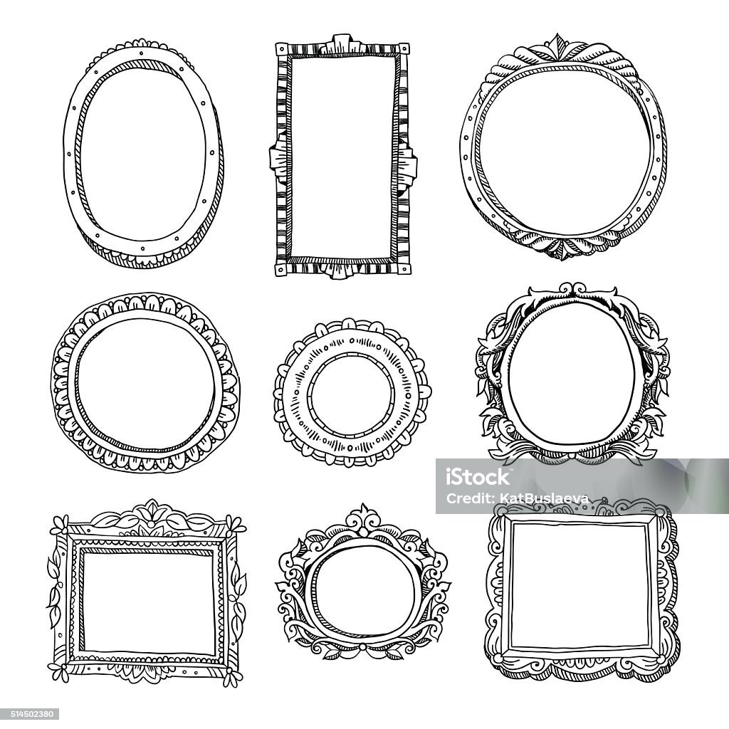 Vector hand-drawn frames Vector hand-drawn frames round and square Black And White stock vector