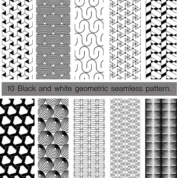 Vector illustration of Collection of black and white geometric seamless pattern.