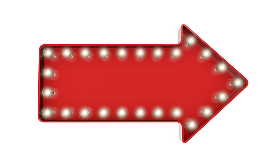 Showbiz style arrow symbol on a plain white background. The Letter is red with illuminated glowing lightbulbs. The style is a retro movie theatre design.