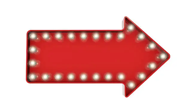 Showbiz style arrow symbol on a plain white background. The Letter is red with illuminated glowing lightbulbs. The style is a retro movie theatre design.