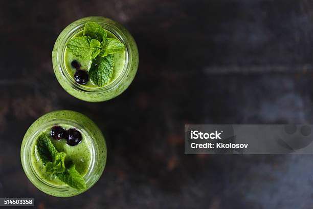 Two Green Smoothie In The Jar Stock Photo - Download Image Now - Blended Drink, Breakfast, Broccoli