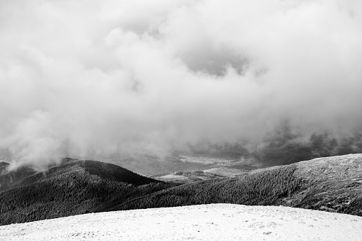 Beautiful landscape of cloudy Carpathian Mountains (B&W)