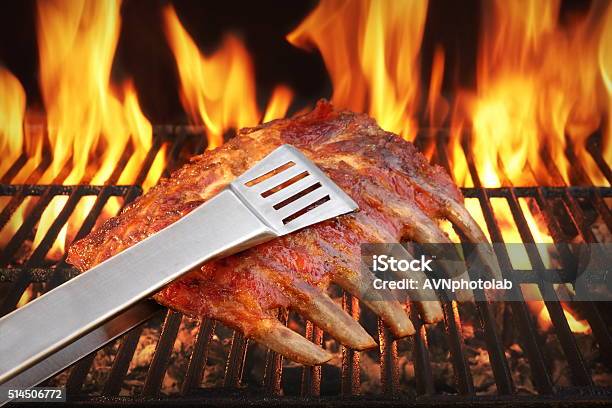 Marinated With Bbq Sauce Pork Spare Rib On Hot Grill Stock Photo - Download Image Now