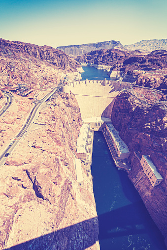Vintage stylized photo of the Hoover Dam, USA.