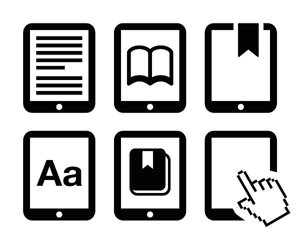 E-book reader, e-reader vector icons set Electronic book black icons set isolated on white  computer part computer symbol computer icon stock illustrations