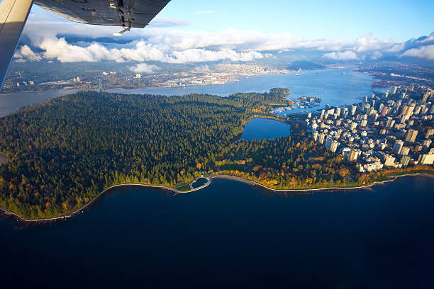 aerial view of stanley park and vancouver - burrard inlet bildbanksfoton och bilder