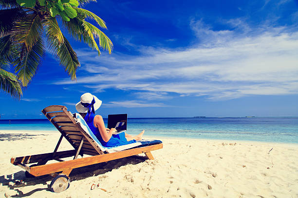 istock young woman with laptop on tropical beach 514509726