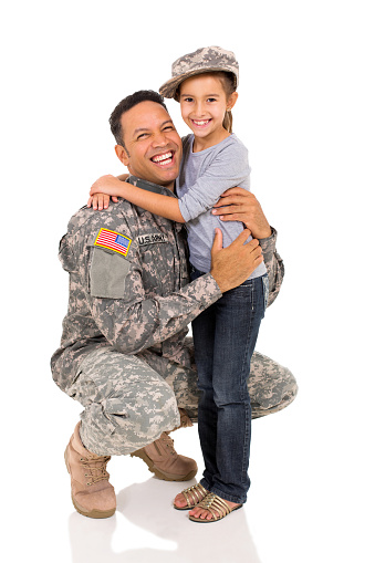 military father hugging his daughter on white background