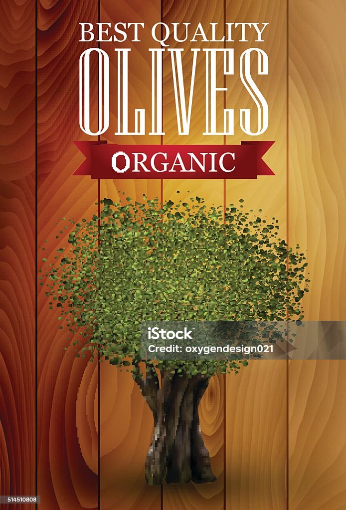 Olive label with an olive tree Olive label with an olive tree, wooden background. Vector illustration.  Backgrounds stock vector