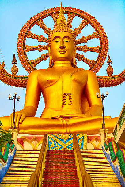 Religion In Thailand. Golden Statue Of Buddha With Dragon Staircase In Wat Phra Yai, The Big Buddha Temple At Koh Samui. Place For Praying, Meditation. Buddhism. Religious Symbol. Travel, Tourism.