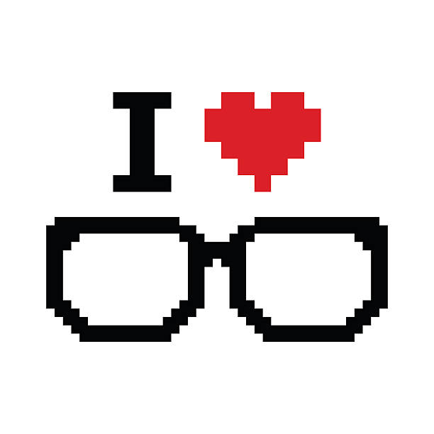 I love geeks pixelated, retro sign Geeky glasses styled as 80's computer game isolated on white pixelated face man stock illustrations