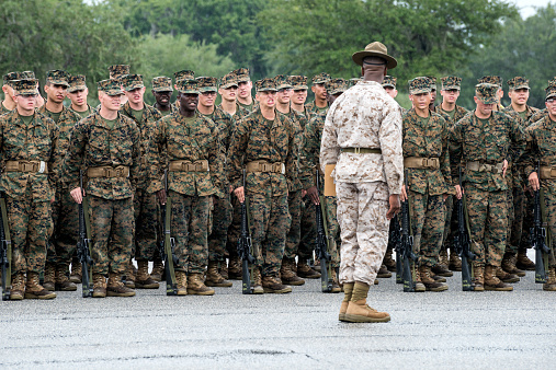 Parris Island, South Carolina, USA - September 23, 2014: Recruits undergo basic training at Marine Corps Recruit Depot Parris Island in South Carolina