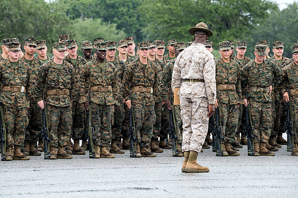 Basic training at Parris Island Parris Island, South Carolina, USA - September 23, 2014: Recruits undergo basic training at Marine Corps Recruit Depot Parris Island in South Carolina us marine corps stock pictures, royalty-free photos & images