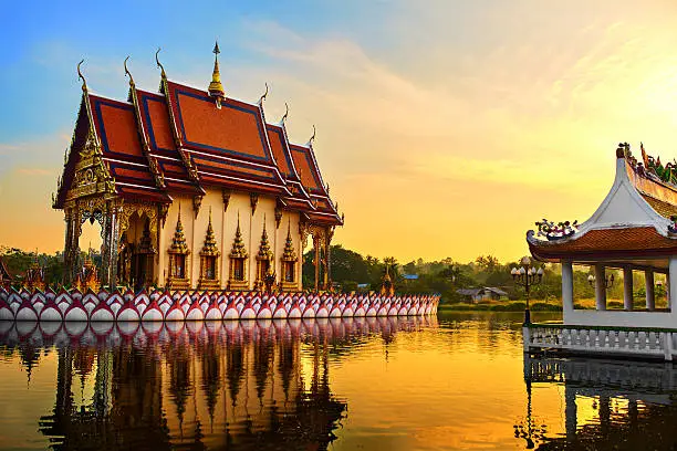 Photo of Thailand Landmark. Wat Phra Yai Temple Sunset. Travel, Tourism.