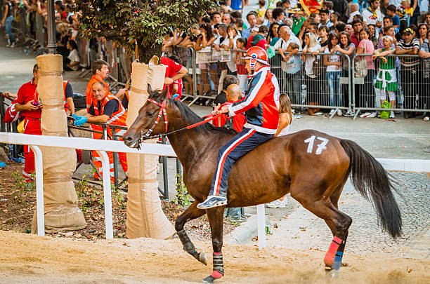 팔리오, 말이었습니다 실행 곧음 - palio horse italy jockey 뉴스 사진 이미지