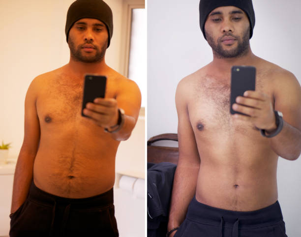 With dedication there's no limit to what you can achieve Before and after selfies of a young man tracking his progress before and after weight loss man stock pictures, royalty-free photos & images