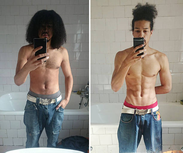 Tracking his progress Before and after selfies of a young man tracking his progress before and after weight loss man stock pictures, royalty-free photos & images