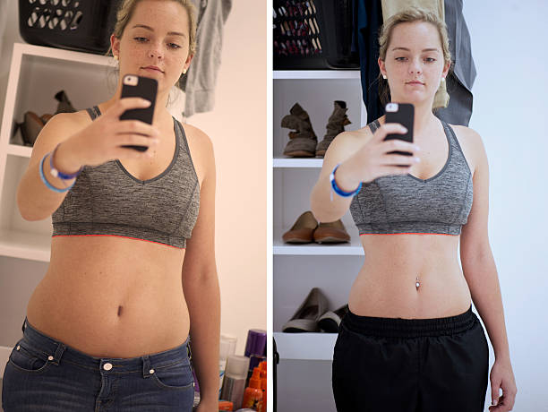 Tracking her progress Before and after selfies of a young woman tracking her progress pudgy woman pictures stock pictures, royalty-free photos & images