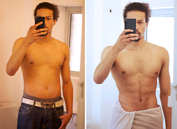 Proud of his progress Before and after selfies of a young man tracking his progress before and after weight loss man stock pictures, royalty-free photos & images