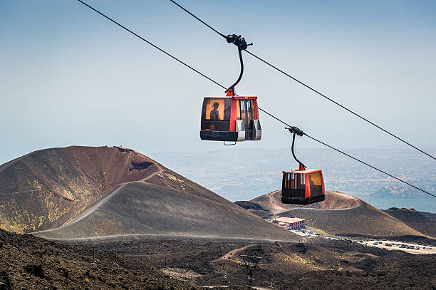 Etna volcano funicular Funivia del Etna cable railway to Etna volcano. Sicily, Italy overhead cable car photos stock pictures, royalty-free photos & images