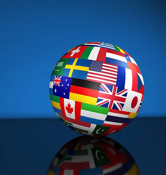 Flags of the world on a globe for international business, school, travel services and global management concept 3d illustration on blue background.