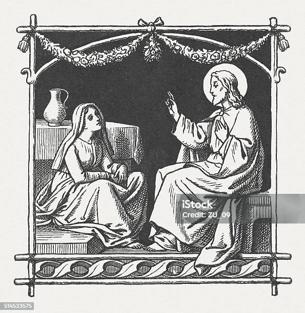 Jesus And Marthaluke 10 4142 Wood Engraving Published 1882 Stock Illustration - Download Image Now