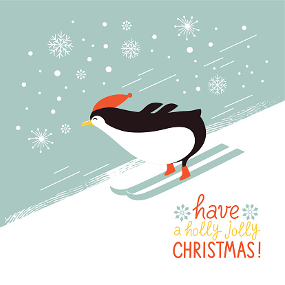 Penguin skiing down a mountain slope, vector greeting card