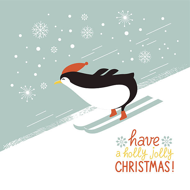 Penguin skiing down a mountain slope vector art illustration