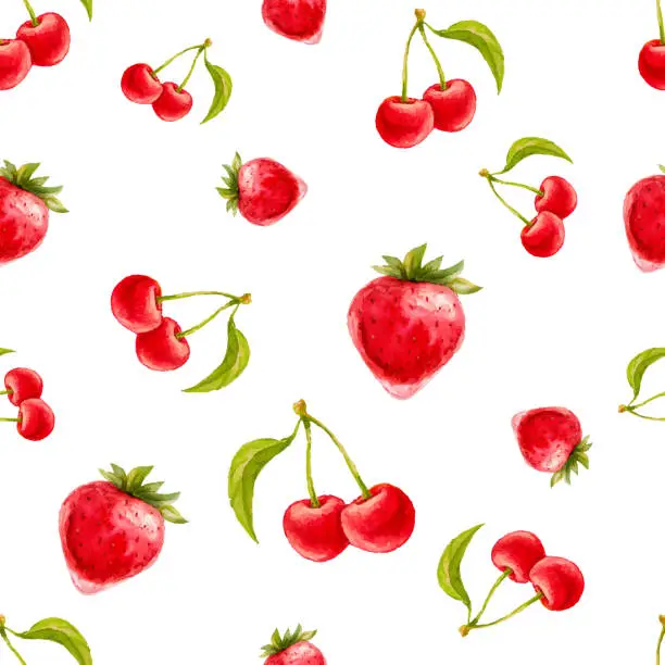 Vector illustration of Watercolor seamless pattern with strawberries and cherries