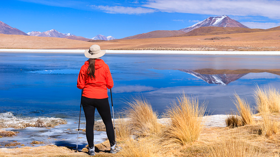 Female tourist looking at Laguna Canapa in Bolivia. The Altiplano (Spanish for high plain), in west-central South America, where the Andes are at their widest, is the most extensive area of high plateau on earth outside of Tibet. Lake Titicaca is its best known geographical feature. The Altiplano is an area of inland drainage (endorheism) lying in the central Andes, occupying parts of Northern Chile and Argentina, Western Bolivia and Southern Peru. Its height averages about 3,750 meters (12,300 feet), slightly less than that of Tibet. Unlike the Tibetan Plateau, however, the Altiplano is dominated by massive active volcanoes of the Central Volcanic Zone to the west like Ampato (6288 m), Tutupaca (5816 m), Nevado Sajama (6542 m), Parinacota (6348 m), Guallatiri (6071 m), Cerro Paroma (5728 m), Cerro Uturuncu (6008 m) and Licancabur (5916 m), and the Cordillera Real in the north east with Illampu (6368 m), Huayna Potosi (6088 m), Ancohuma (6427 m) and Illimani (6438 m). The Atacama Desert, one of the driest areas on the whole planet, lies to the southwest of the Altiplano. In contrast, to the east lies the humid Amazon Rainforest.http://bem.2be.pl/IS/bolivia_380.jpg