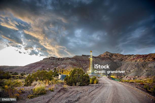 Drilling Fracking Rig At Sunrise Stock Photo - Download Image Now - Fracking, Blue, Borehole