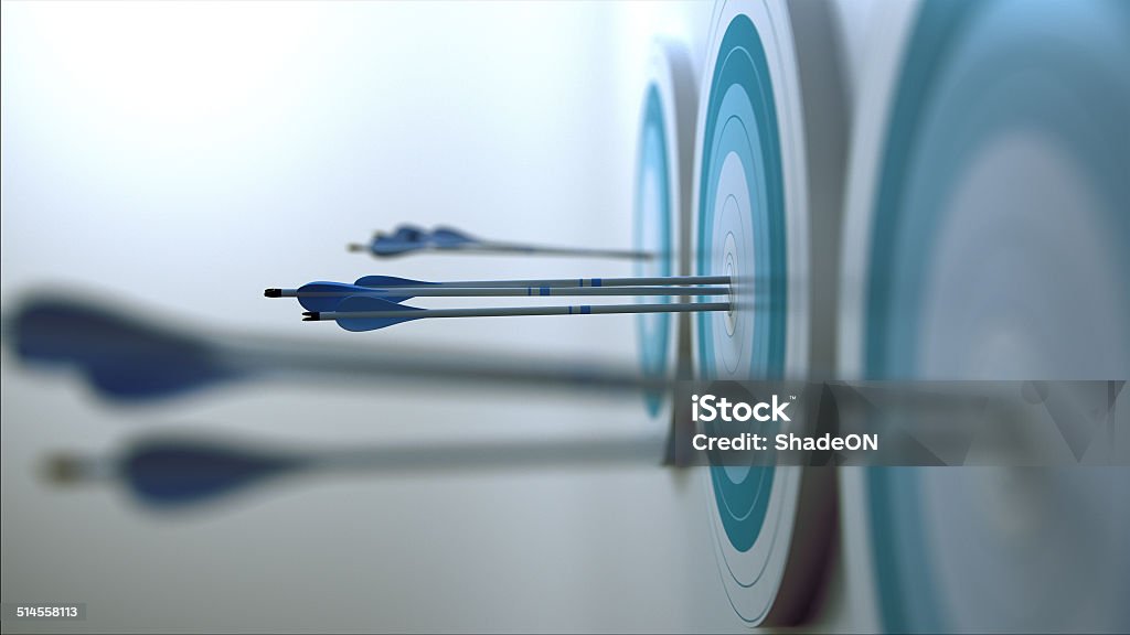 Arrows hit target. Simple 3d scene representing arrows, that hit targets. Aspirations Stock Photo