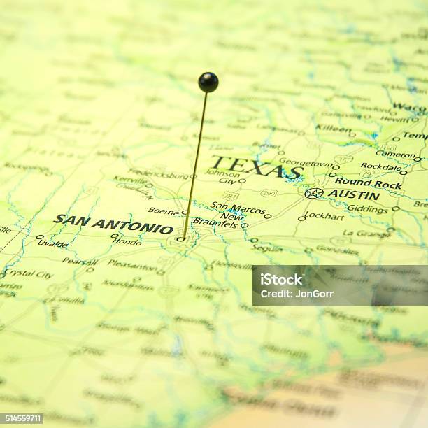 San Antonio Texas Road Map With Travel Pin Stock Photo - Download Image Now - San Antonio - Texas, Texas, Thumbtack