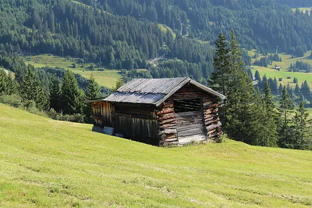 Wooden ski hut on Alp mountains with green meadow in Fiss, Tirol, Austria.