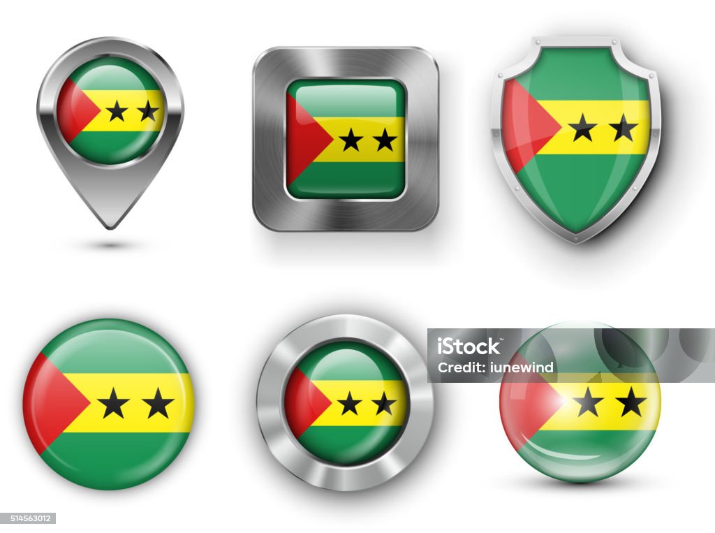Country Flag Bages Sao Tome and Principe Metal and Glass Flag Badges, Buttons, Map marker pin and Shields. Vector illustrations Badge stock vector
