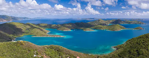 aerial view of East End, St.John, US Virgin Islands, looking out over Hurricane Hole and the British Virgin Islands