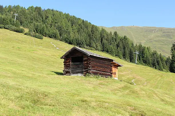 Wooden ski hut on Alp mountains with green meadow in Fiss, Tirol, Austria.