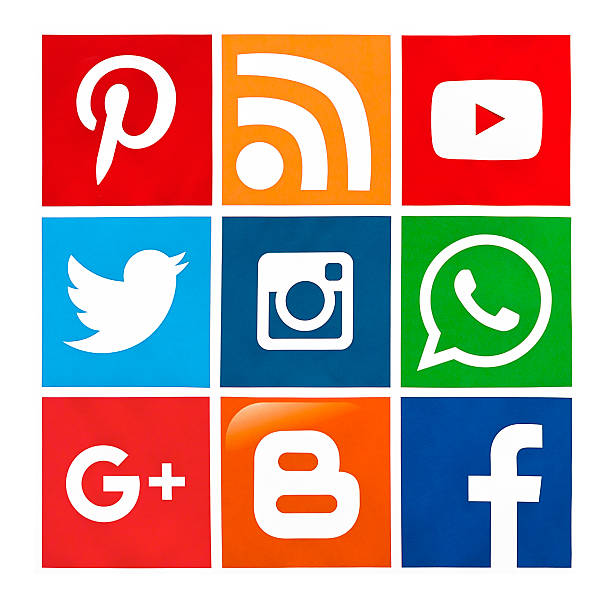 Kiev, Ukraine - February 15, 2016: Set of most popular social media icons: Twitter, Youtube, Pinterest, Instagram, Facebook, Google Plus, Blogger, WhatsApp and others printed on paper.