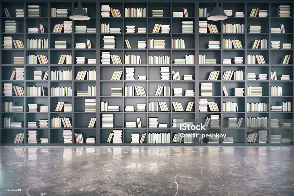 Personal library with big bookcase and concrete floor Bookshelf Stock Photo