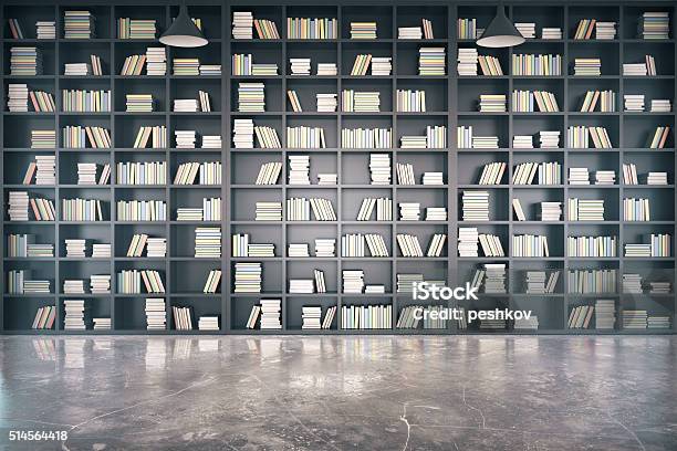 Personal Library With Big Bookcase And Concrete Floor Stock Photo - Download Image Now