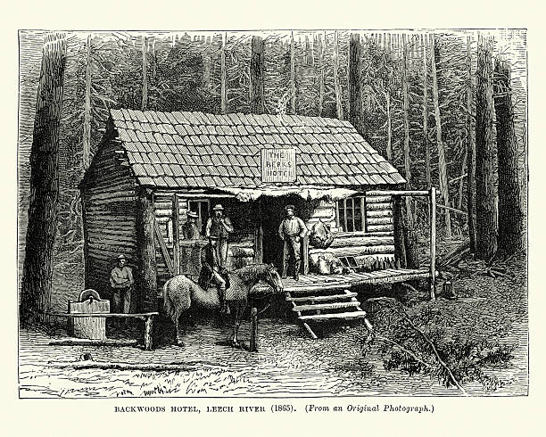 Backwoods Hotel, Leechtown, British Columbia, 1865 Vintage engraving showing a Backwoods Hotel, Leechtown,  Vancouver Island, British Columbia, 1865. Gold was discovered on the Leech River in July 1864. Within weeks, thousands of miners, had travelled from Victoria overland by trail or by steamer to Sooke. By August 14 of that same year, 227 mining licences had been issued and by the end of the year there were 6 general stores and 3 hotels in business along with 30 saloons. panning for gold photos stock illustrations