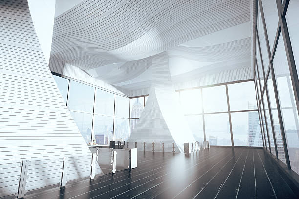 istock Empty futuristic hall interior with wooden floor and big windows 514565594